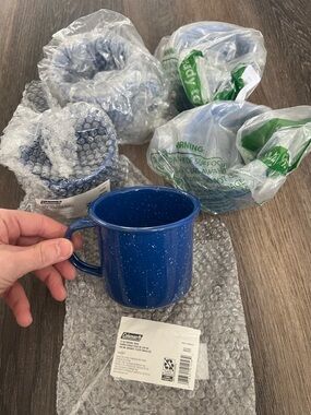 New 5pc Coleman Blue Speckled Enamel Camping Mug Set
